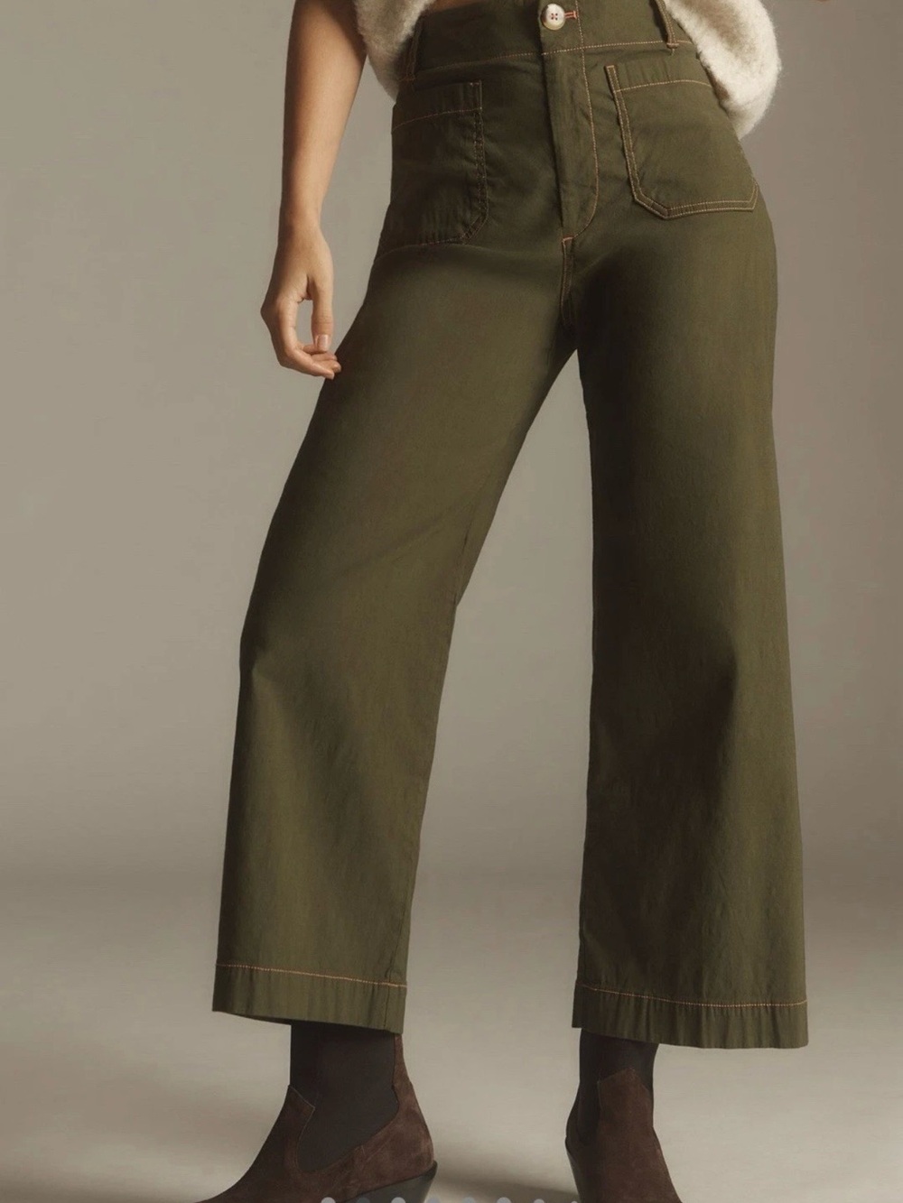 Anthropologie Maeve Green Colette Crop Wide Leg Pants Contrast Stitch Women 30 - Picture 2 of 12